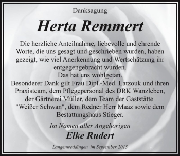 Traueranzeige von Herta Remmert  von Magdeburger Volksstimme