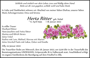 Traueranzeige von Herta Ritter (geb. Nickel)  von Magdeburger Volksstimme