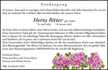 Traueranzeige von Herta Ritter (geb. Nickel)  von Magdeburger Volksstimme