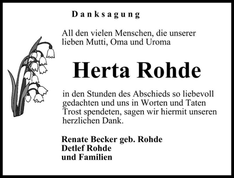  Traueranzeige für Herta Rohde  vom 04.03.2017 aus Magdeburger Volksstimme
