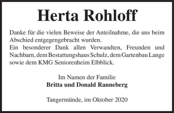 Traueranzeige von Herta Rohloff  von Magdeburger Volksstimme