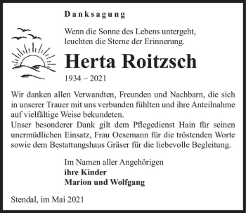 Traueranzeige von Herta Roitzsch  von Magdeburger Volksstimme