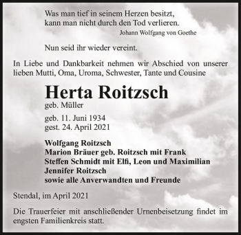 Traueranzeige von Herta Roitzsch (geb. Müller)  von Magdeburger Volksstimme