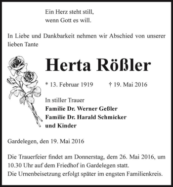 Traueranzeige von Herta Rößler  von Magdeburger Volksstimme