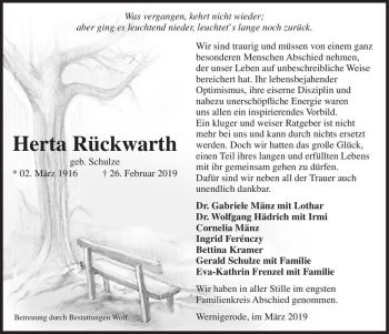 Traueranzeige von Herta Rückwarth (geb. Schulze)  von Magdeburger Volksstimme