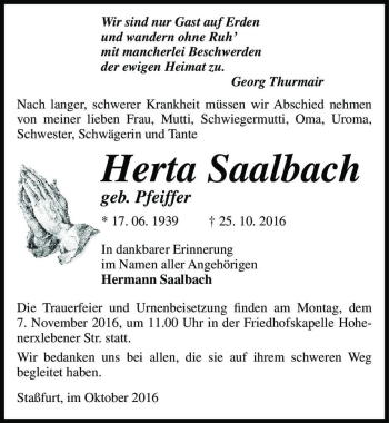 Traueranzeige von Herta Saalbach (geb. Pfeiffer)  von Magdeburger Volksstimme