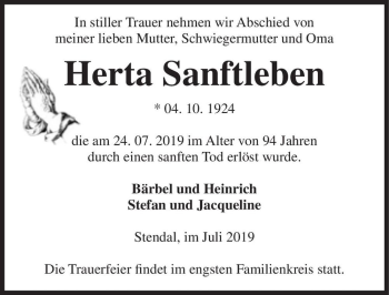 Traueranzeige von Herta Sanftleben  von Magdeburger Volksstimme