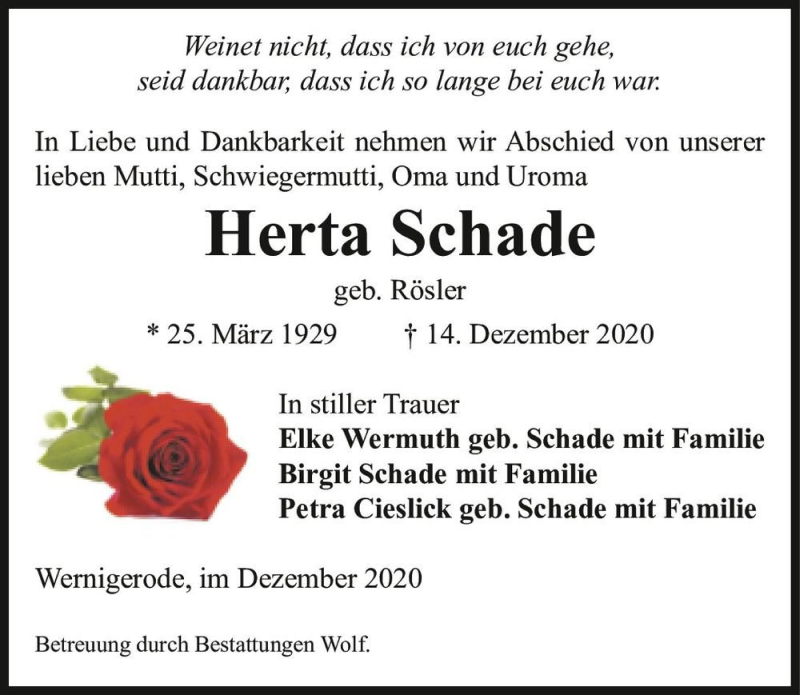  Traueranzeige für Herta Schade (geb. Rösler)  vom 19.12.2020 aus Magdeburger Volksstimme