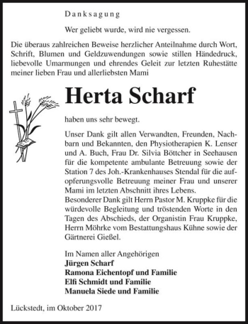 Traueranzeige von Herta Scharf  von Magdeburger Volksstimme