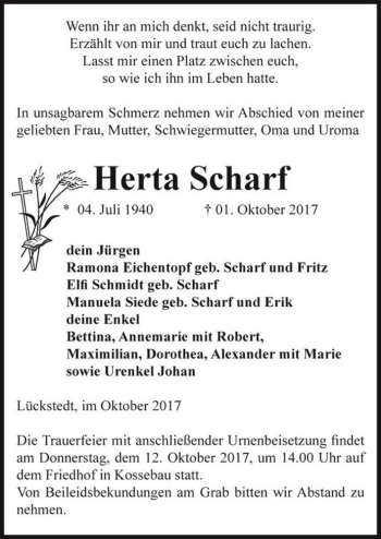 Traueranzeige von Herta Scharf  von Magdeburger Volksstimme