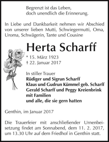 Traueranzeige von Herta Scharff  von Magdeburger Volksstimme