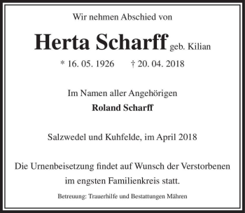 Traueranzeige von Herta Scharff (geb. Kilian)  von Magdeburger Volksstimme