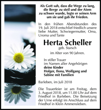 Traueranzeige von Herta Scheller (geb. Starsch)  von Magdeburger Volksstimme