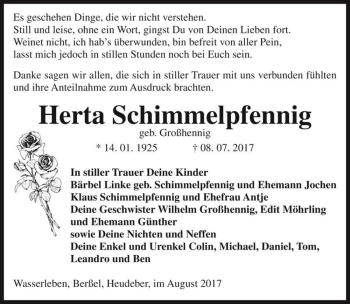 Traueranzeige von Herta Schimmelpfennig (geb. Großhennig)  von Magdeburger Volksstimme