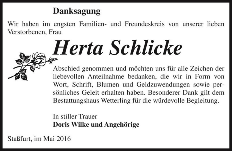  Traueranzeige für Herta Schlicke  vom 28.05.2016 aus Magdeburger Volksstimme