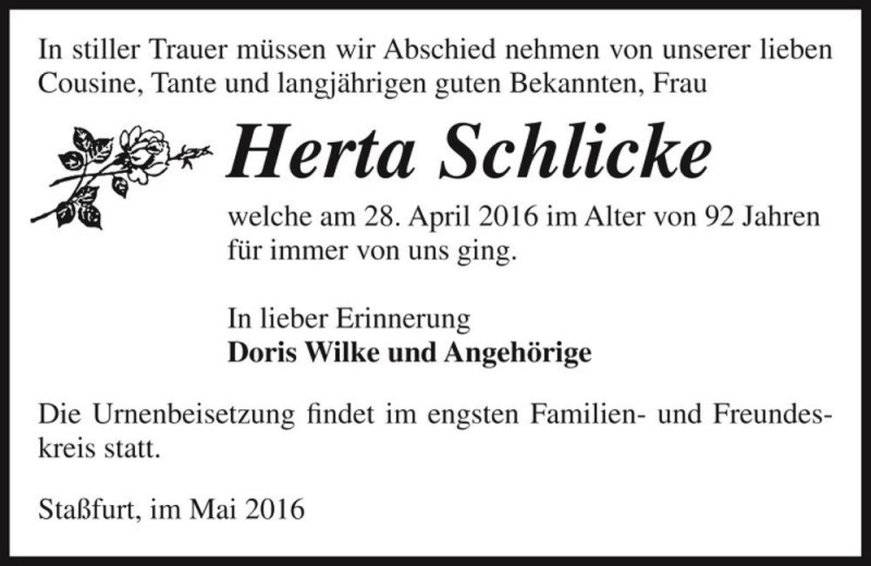  Traueranzeige für Herta Schlicke  vom 07.05.2016 aus Magdeburger Volksstimme