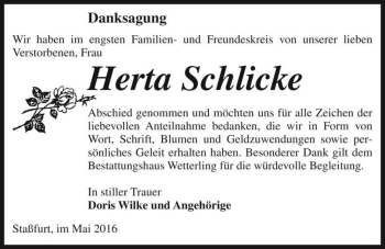 Traueranzeige von Herta Schlicke  von Magdeburger Volksstimme