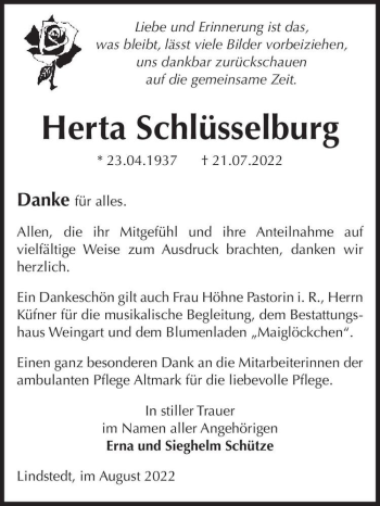 Traueranzeige von Herta Schlüsselburg  von Magdeburger Volksstimme