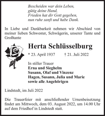 Traueranzeige von Herta Schlüsselburg  von Magdeburger Volksstimme