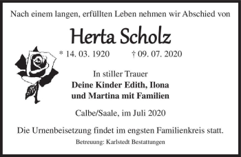 Traueranzeige von Herta Scholz  von Magdeburger Volksstimme