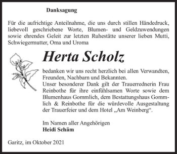Traueranzeige von Herta Scholz  von Magdeburger Volksstimme