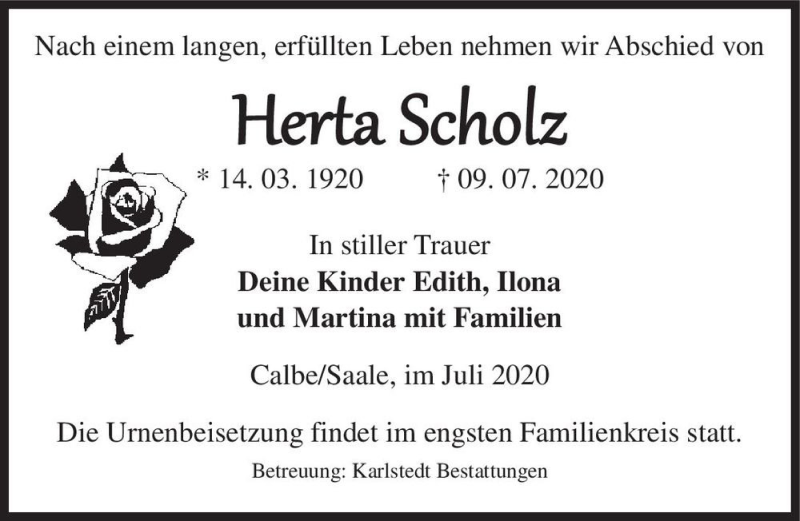  Traueranzeige für Herta Scholz  vom 18.07.2020 aus Magdeburger Volksstimme