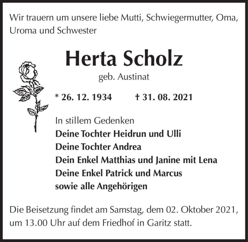  Traueranzeige für Herta Scholz (geb. Austinat)  vom 04.09.2021 aus Magdeburger Volksstimme