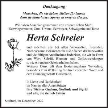 Traueranzeige von Herta Schreier  von Magdeburger Volksstimme