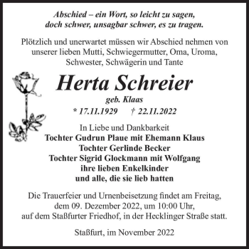 Traueranzeige von Herta Schreier (geb. Klaas)  von Magdeburger Volksstimme