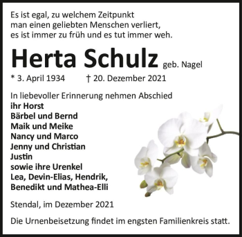 Traueranzeige von Herta Schulz (geb. Nagel)  von Magdeburger Volksstimme