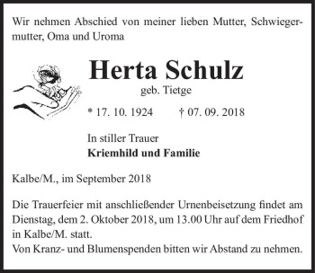 Traueranzeige von Herta Schulz (geb. Tietge)  von Magdeburger Volksstimme