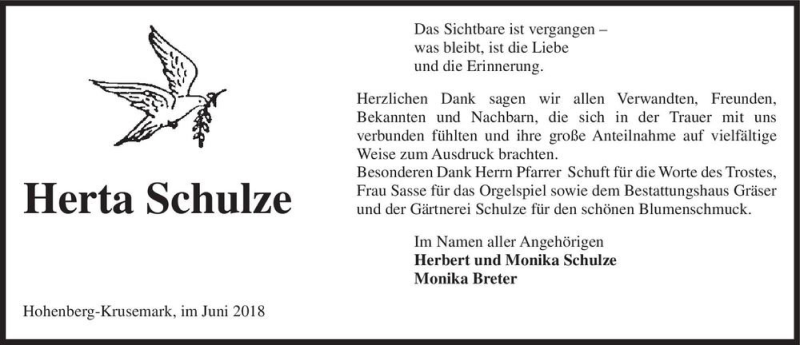  Traueranzeige für Herta Schulze  vom 22.06.2018 aus Magdeburger Volksstimme