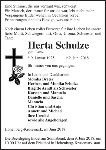 Traueranzeige von Herta Schulze (geb. Lenz)  von Magdeburger Volksstimme