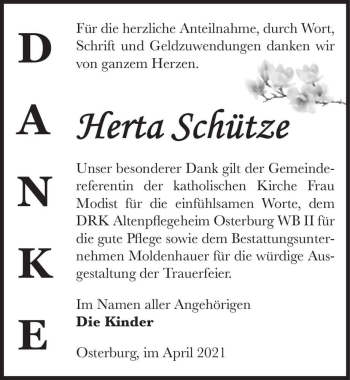 Traueranzeige von Herta Schütze  von Magdeburger Volksstimme