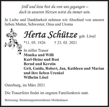 Traueranzeige von Herta Schütze (geb. Lösel)  von Magdeburger Volksstimme