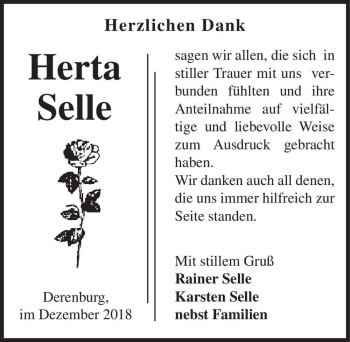 Traueranzeige von Herta Selle  von Magdeburger Volksstimme