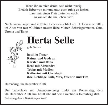 Traueranzeige von Herta Selle (geb. Seiler)  von Magdeburger Volksstimme