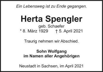 Traueranzeige von Herta Spengler (geb. Schaefer)  von Magdeburger Volksstimme