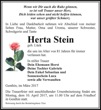 Traueranzeige von Herta Stein (geb. Lück)  von Magdeburger Volksstimme