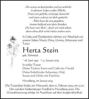 Traueranzeige von Herta Stein (geb. Schmeck)  von Magdeburger Volksstimme