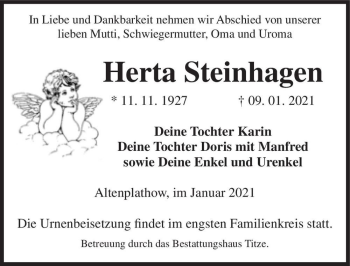 Traueranzeige von Herta Steinhagen  von Magdeburger Volksstimme