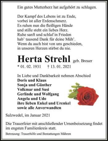 Traueranzeige von Herta Strehl (geb. Breuer)  von Magdeburger Volksstimme