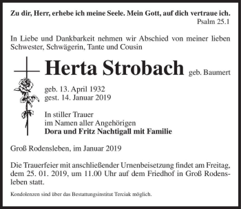 Traueranzeige von Herta Strobach (geb. Baumert)  von Magdeburger Volksstimme