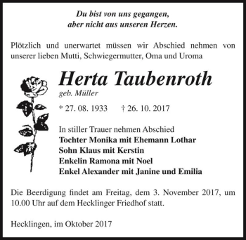Traueranzeige von Herta Taubenroth (geb. Müller)  von Magdeburger Volksstimme