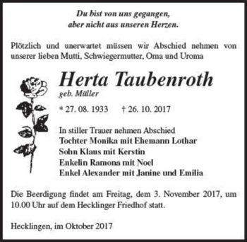 Traueranzeige von Herta Taubenroth (geb. Müller)  von Magdeburger Volksstimme