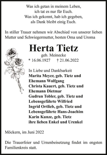 Traueranzeige von Herta Tietz (geb. Meinecke)  von Magdeburger Volksstimme