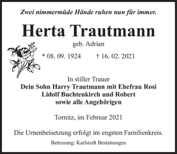 Traueranzeige von Herta Trautmann (geb. Adrian)  von Magdeburger Volksstimme