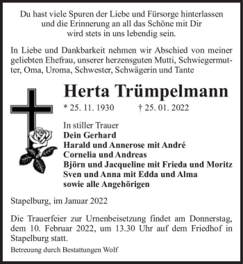 Traueranzeige von Herta Trümpelmann  von Magdeburger Volksstimme