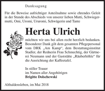 Traueranzeige von Herta Ulrich  von Magdeburger Volksstimme