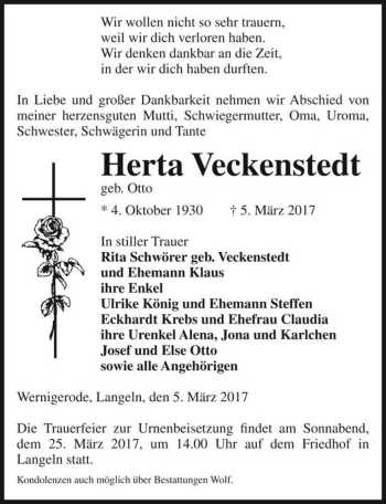 Traueranzeige von Herta Veckenstedt (geb. Otto)  von Magdeburger Volksstimme